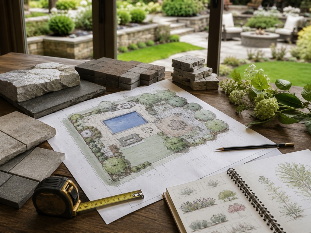 garden_craft_faq Landscape design plan with stone samples, paver materials, planting notes, and outdoor living layout on a design table.